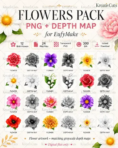 EufyMake 🌸 · 12 Geburtsblumen + 12 Depth Maps · 300 DPI 